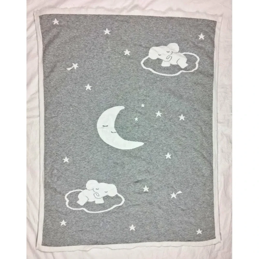 The Little White Company Gray Elephant Moon Cloud Sleeping Baby Blanket Knit Rev